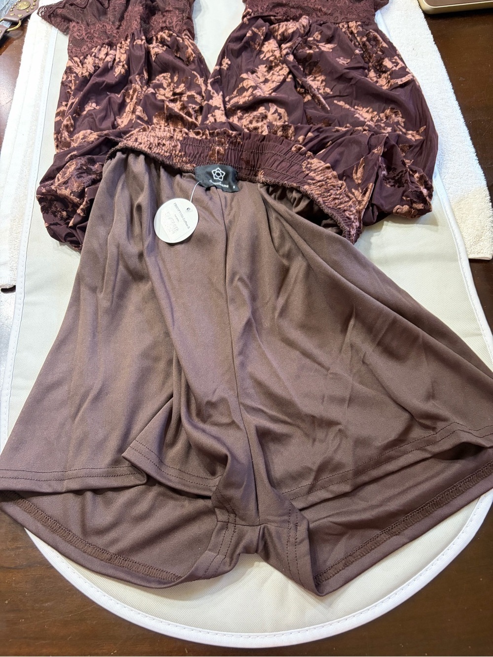 Lantern Pants - Lace Floral Flocked Elastic Waist Coffee NEW WITH TAGS - Picture 11 of 14